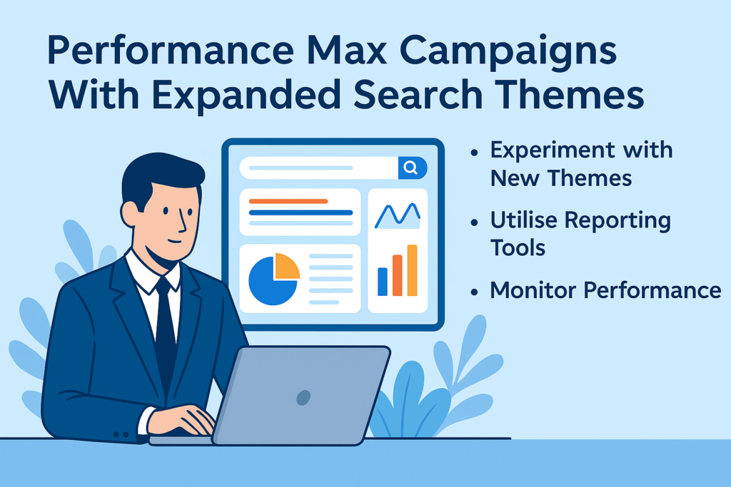 Illustration of a digital advertiser using a laptop, with a dashboard behind them showing campaign data and tips for using expanded Search themes in Performance Max campaigns.