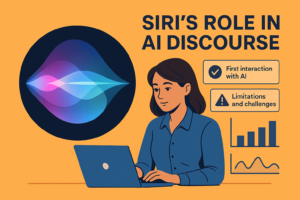 Illustration showing a woman using a laptop next to the Siri icon, with visual highlights of AI interaction milestones and limitations.