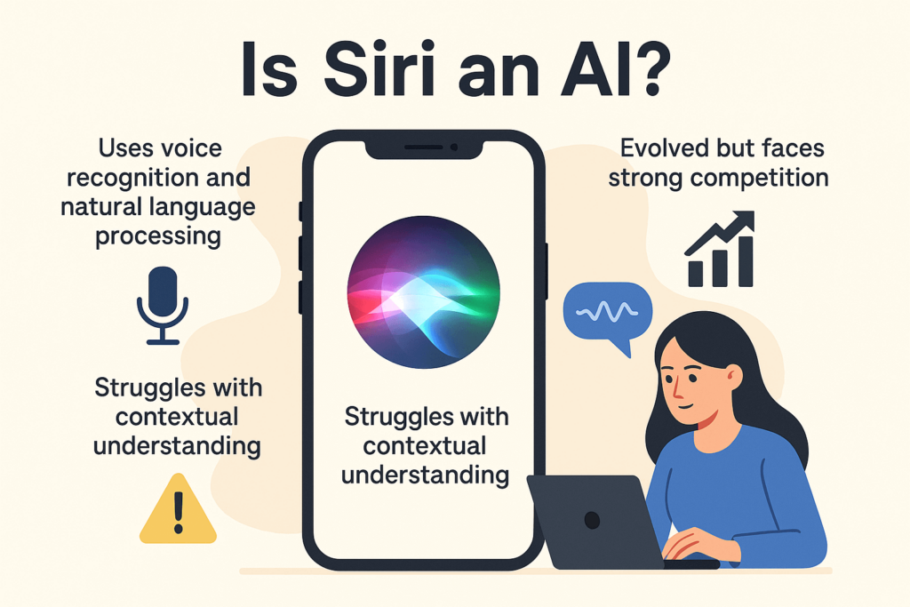 Illustration of a smartphone displaying Siri’s icon with surrounding highlights on its AI features, limitations, and competition, alongside a woman interacting with AI via laptop.