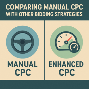 Side-by-side comparison of Manual CPC and Enhanced CPC using icons of a steering wheel and speedometer, highlighting different Google Ads bidding strategies 