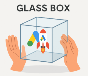 Illustration of a transparent glass box containing the Google Ads rocket logo, with two hands reaching towards it, symbolising lack of direct control