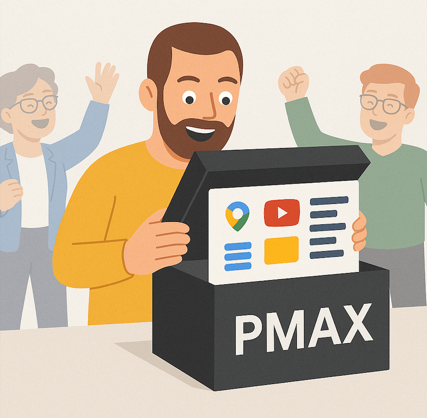 Illustration of a happy man opening a Performance Max box revealing Google Ads channel data, with colleagues cheering in the background