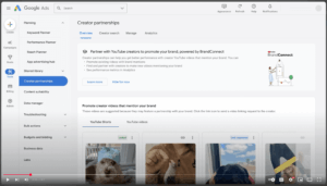 Screenshot of the Creator Partnerships Hub interface in Google Ads showing YouTube video linking and BrandConnect tools
