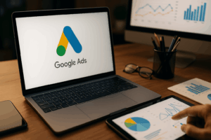 Photorealistic workspace showing a laptop with Google Ads on screen, surrounded by digital marketing tools, symbolising updates from Google Marketing Live 2025