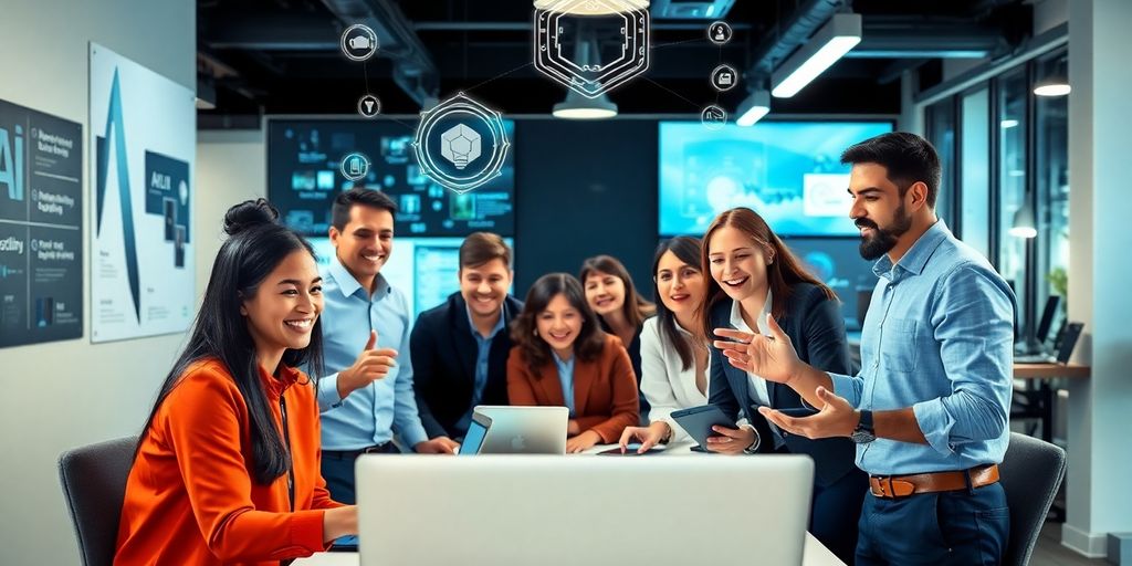 Business team analysing results on a computer using the AI App That Everyone is Using in a high-tech office