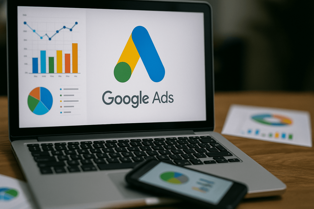 Laptop displaying Google Ads interface with digital marketing charts, illustrating device targeting capabilities.