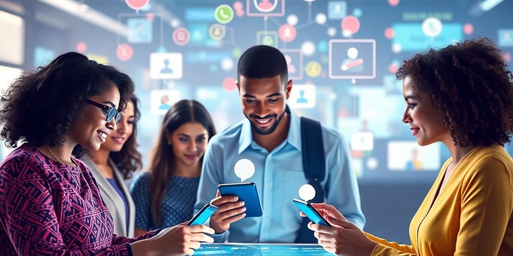 Group of young professionals engaging with digital devices, symbolising how Google Ads revolutionises targeting through connected marketing strategies.