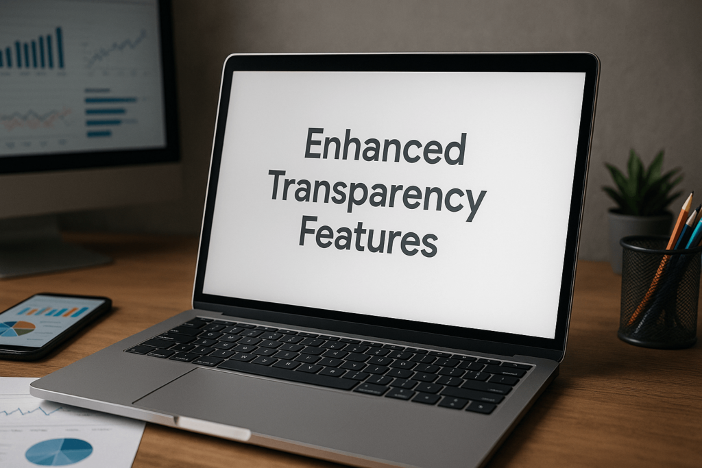 A modern desk setup highlighting Enhanced Transparency Features with a laptop displaying analytics and digital marketing visuals.