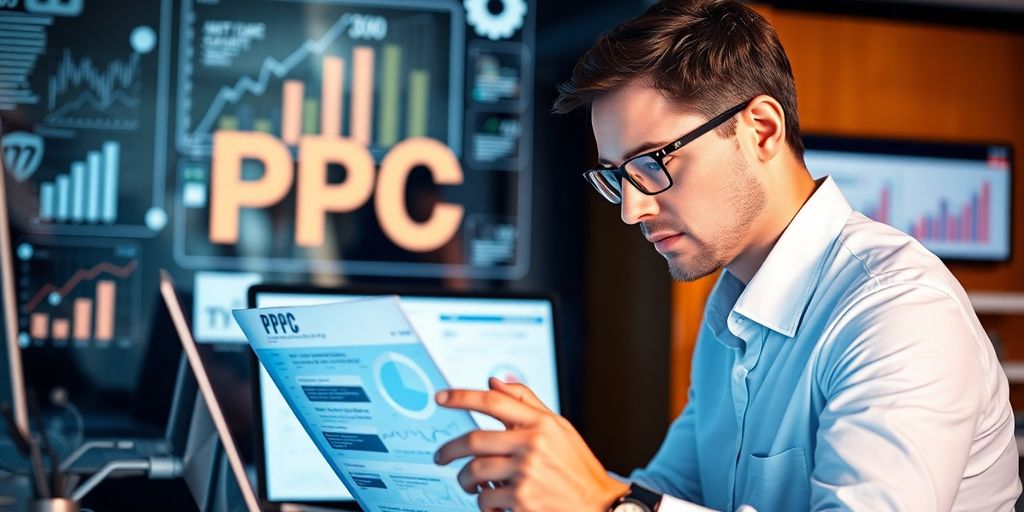 Man analysing PPC performance data on a printed report, surrounded by digital screens showing charts and graphs related to pay-per-click advertising.