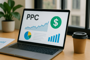  PPC News April 2025 - Laptop screen showing PPC performance charts and ROI indicators.