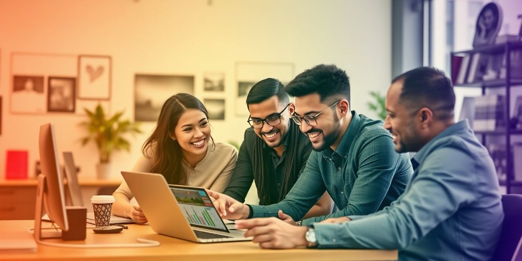 Team of digital marketers analysing campaign results on a laptop – Tips for Success in Digital Advertising