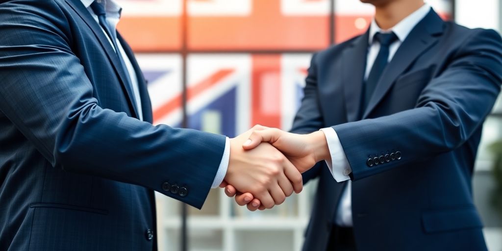 Two business leaders shaking hands, UK flag background.