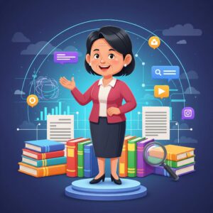 A cartoon illustration of a smiling woman standing on a small blue pedestal, surrounded by stacks of colourful books and a large magnifying glass. In the background, there's a glowing digital network with various icons like speech bubbles, a globe, and bar charts, symbolising AI and data. 