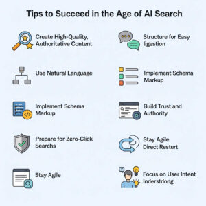 Infographic titled "Tips to Succeed in the Age of AI Search" with eight points: Create High-Quality, Authoritative Content, Use Natural Language, Structure for Easy Digestion, Implement Schema Markup, Build Trust and Authority, Prepare for Zero-Click Searches, Stay Agile, and Focus on User Intent. Each tip has a corresponding icon.