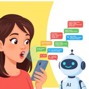 A cartoon illustration of a young woman speaking into a smartphone, with blue sound waves emanating from her mouth. On the right, a friendly white robot with a smiling blue screen is looking at her. Various colourful speech bubbles containing text lines float between them, representing a conversational exchange.