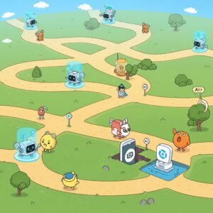A whimsical cartoon landscape featuring a winding, branching path like a maze. Various friendly, colourful cartoon characters and robots are situated along the paths, some interacting with AI symbols. A brand logo is visible on a platform within a new, unexpected section of the path. 