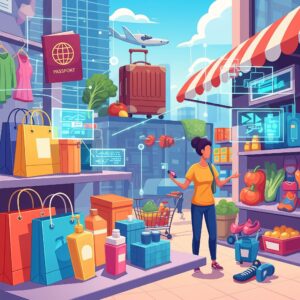 A vibrant cartoon illustration depicting a bustling street scene with elements of shopping, travel, and healthy living. On the left are shopping bags and clothing, with a passport and suitcase floating above. On the right, a market stall displays fruits and vegetables. A person stands in the middle, looking at various digital interfaces and glowing data lines overlaying the scene, suggesting enhanced digital interactions.