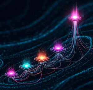 A series of glowing, interconnected digital platforms ascending diagonally, representing progression and advanced e-commerce technology.