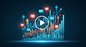 A graphic showing a video play button at the centre of a dynamic, upward-trending graph, with engagement icons like hearts and speech bubbles, symbolising higher click-through rates and engagement.