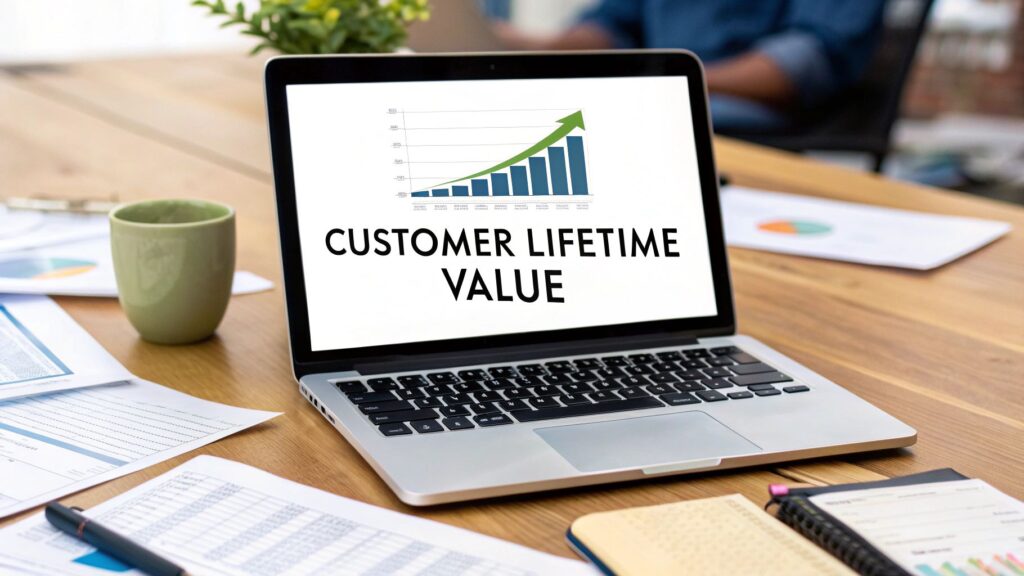 Laptop screen displaying "Customer Lifetime Value" with a rising bar chart, placed on a wooden desk surrounded by office documents, a green coffee mug, and a notepad.