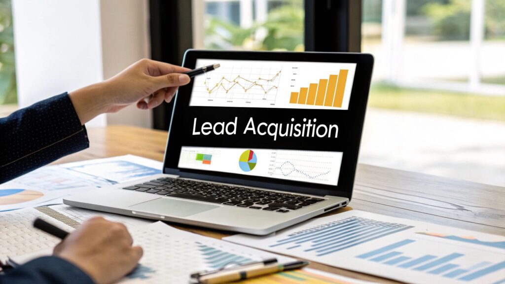 Laptop displaying lead acquisition graphs and data for a marketing strategy