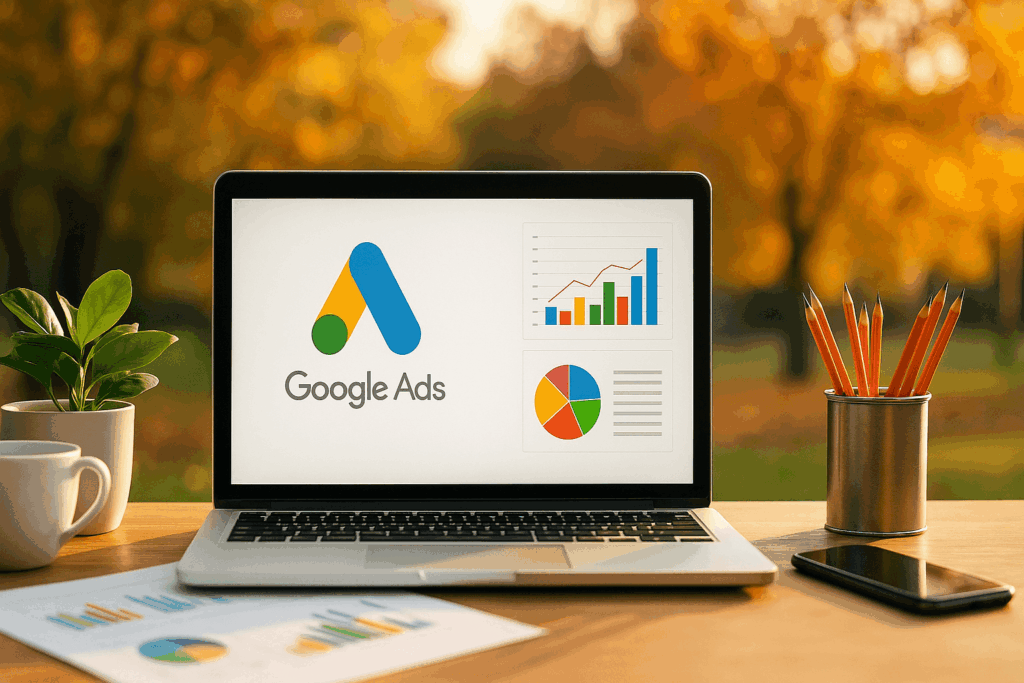 Photo of a Google Ads setup with charts and autumn background – PPC News August 2025 feature image