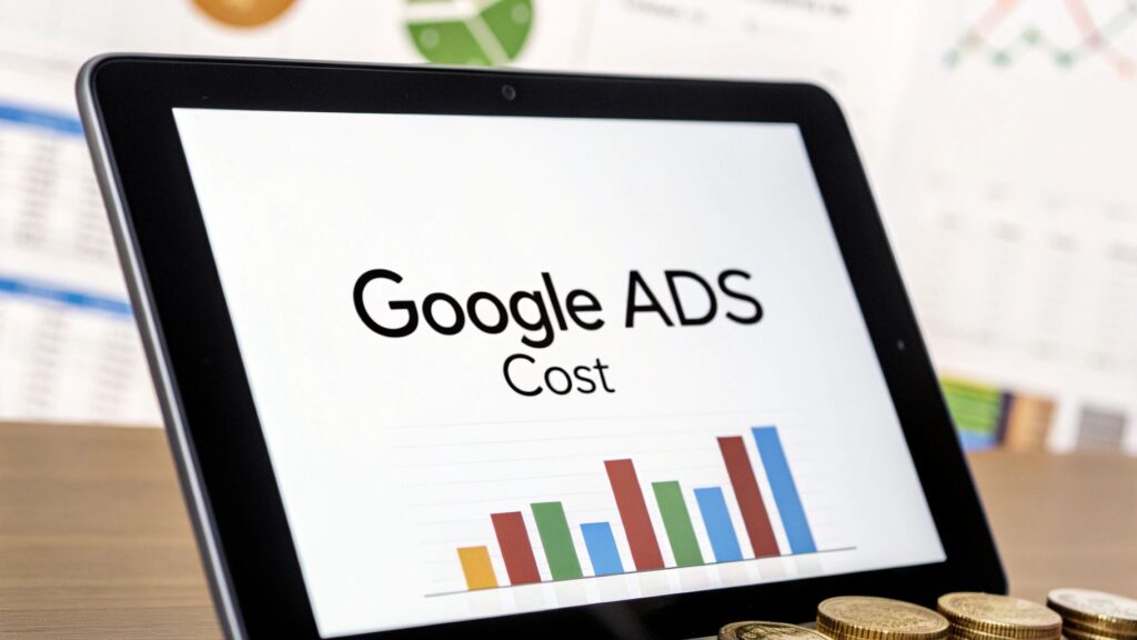 Tablet showing bar chart under title Google Ads Cost to explain how much does it cost for Google Ads