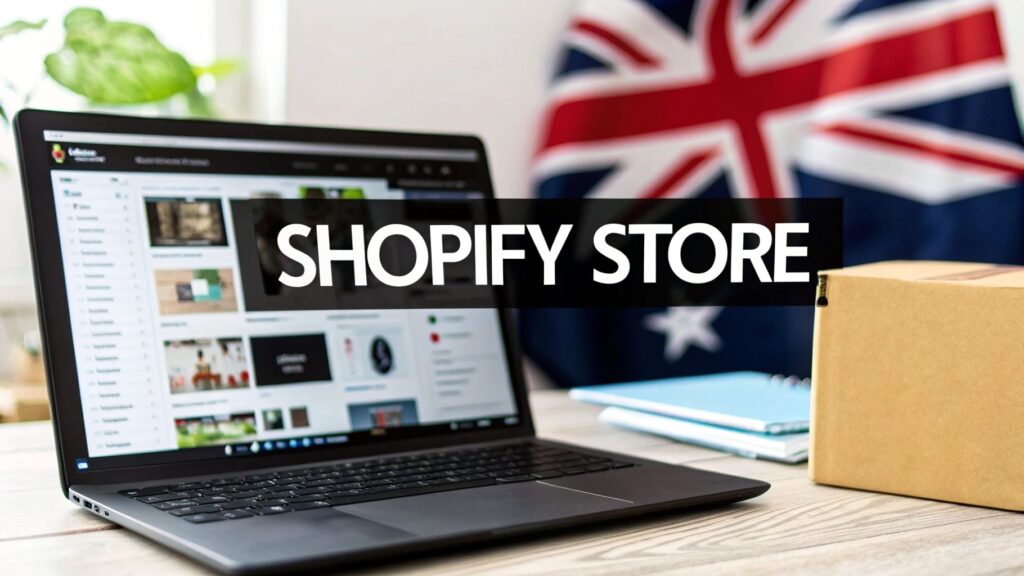 Laptop showing Shopify store interface with shipping box – How to Build a Shopify Store