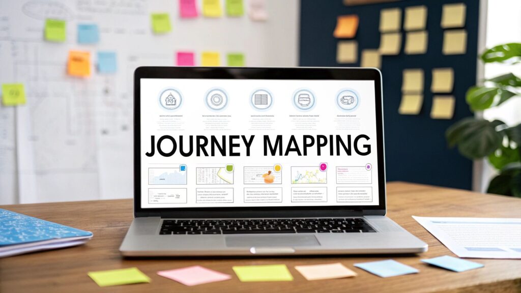 Laptop displaying customer journey mapping dashboard with sticky notes in background.