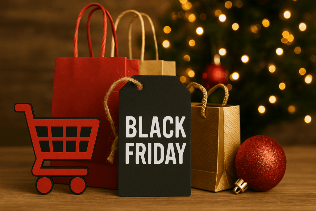 Festive image for PPC News October 2025 showing Black Friday shopping bags, a digital shopping cart, and Christmas decorations symbolising the holiday shopping season and online advertising growth.