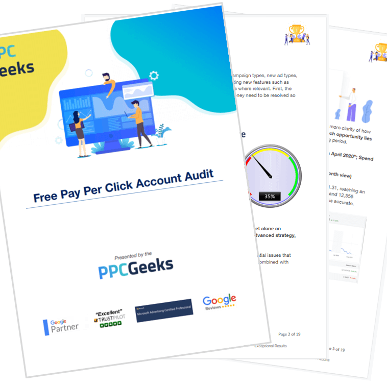Image showing the first three pages of the 100% Free PPC Audit produced by the PPC Geeks